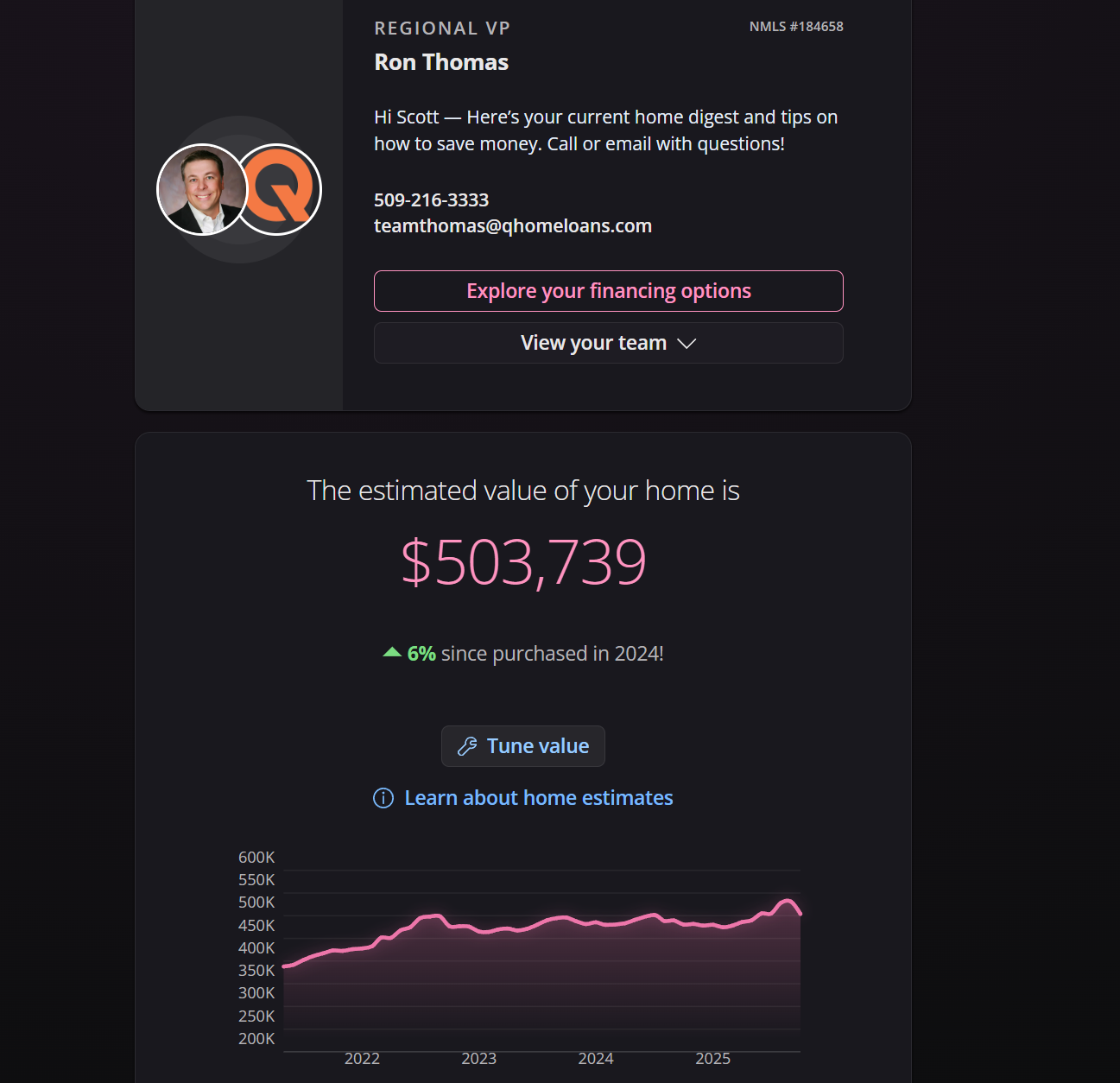 Homebot dashboard showing home value tracking